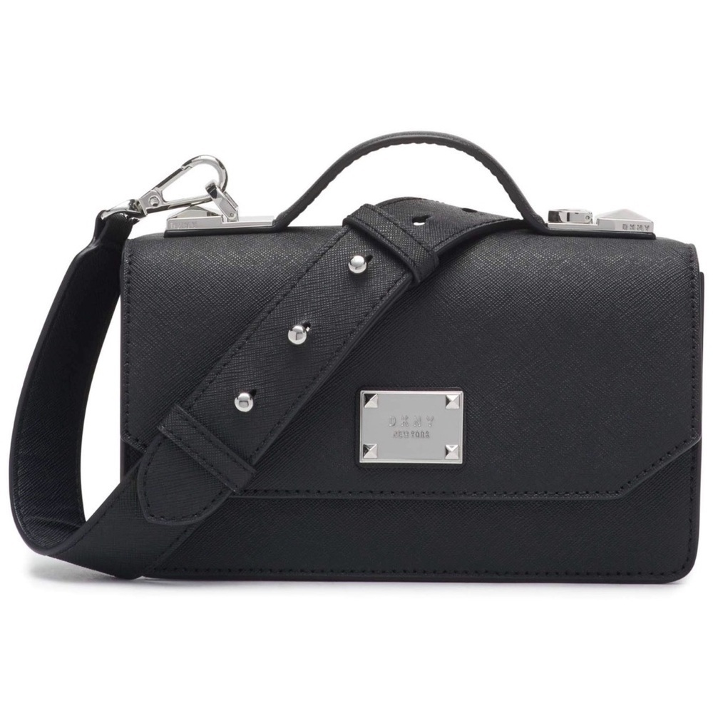 DKNYC Black Structured Crossbody with Top Handle and Wide Strap